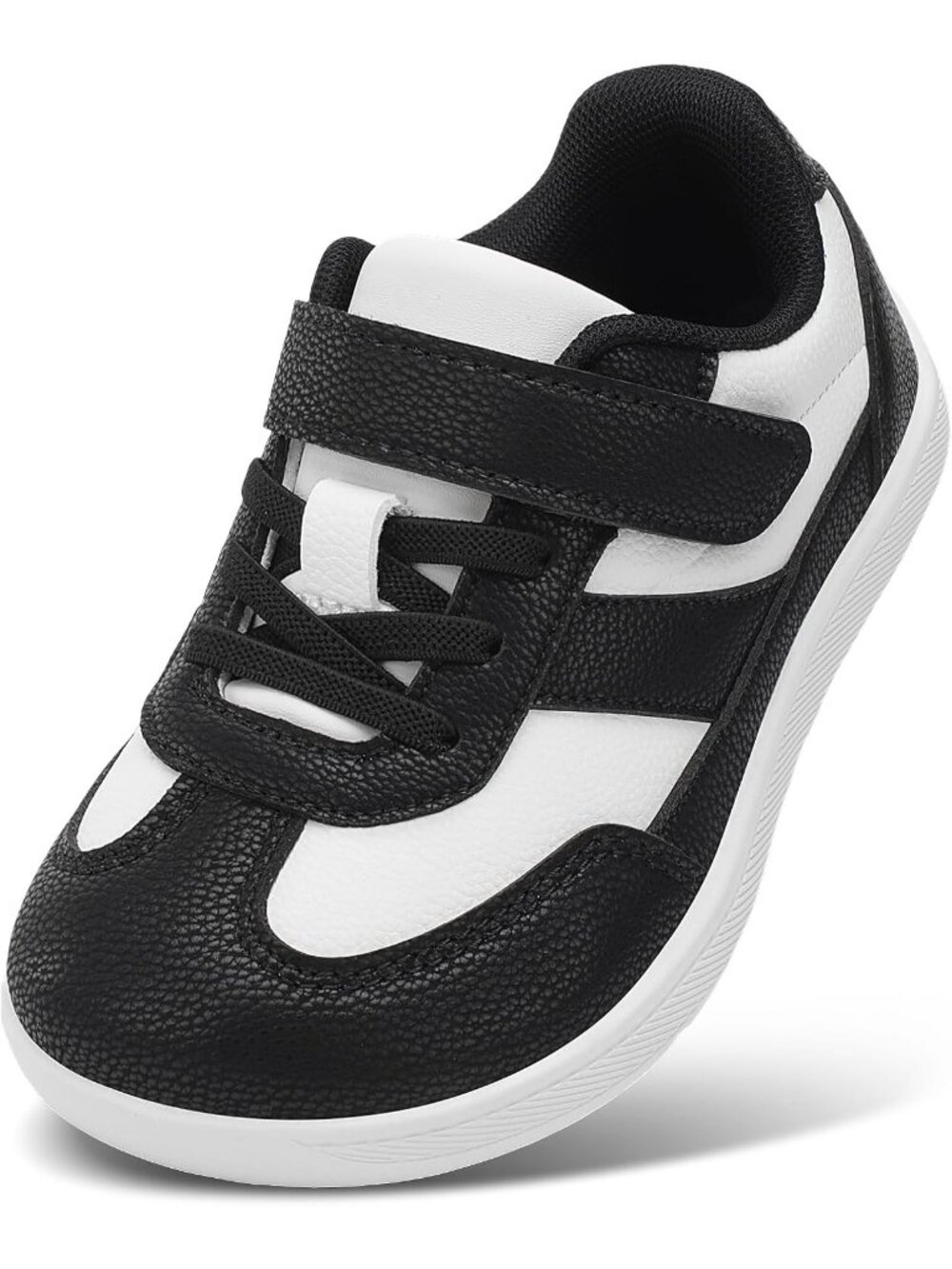 Toddler Black White Faux Leather Boys Girls Wide Toe Zero Drop Barefoot Sneakers
